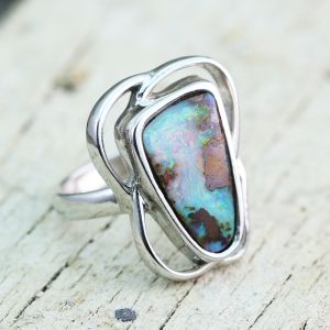 Size 7-1/2 Natural Australian Opal Ring Sterling Silver b37c10-av17
